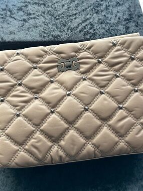 Quilted Studded Beige Shoulder Bag with Logo Accent